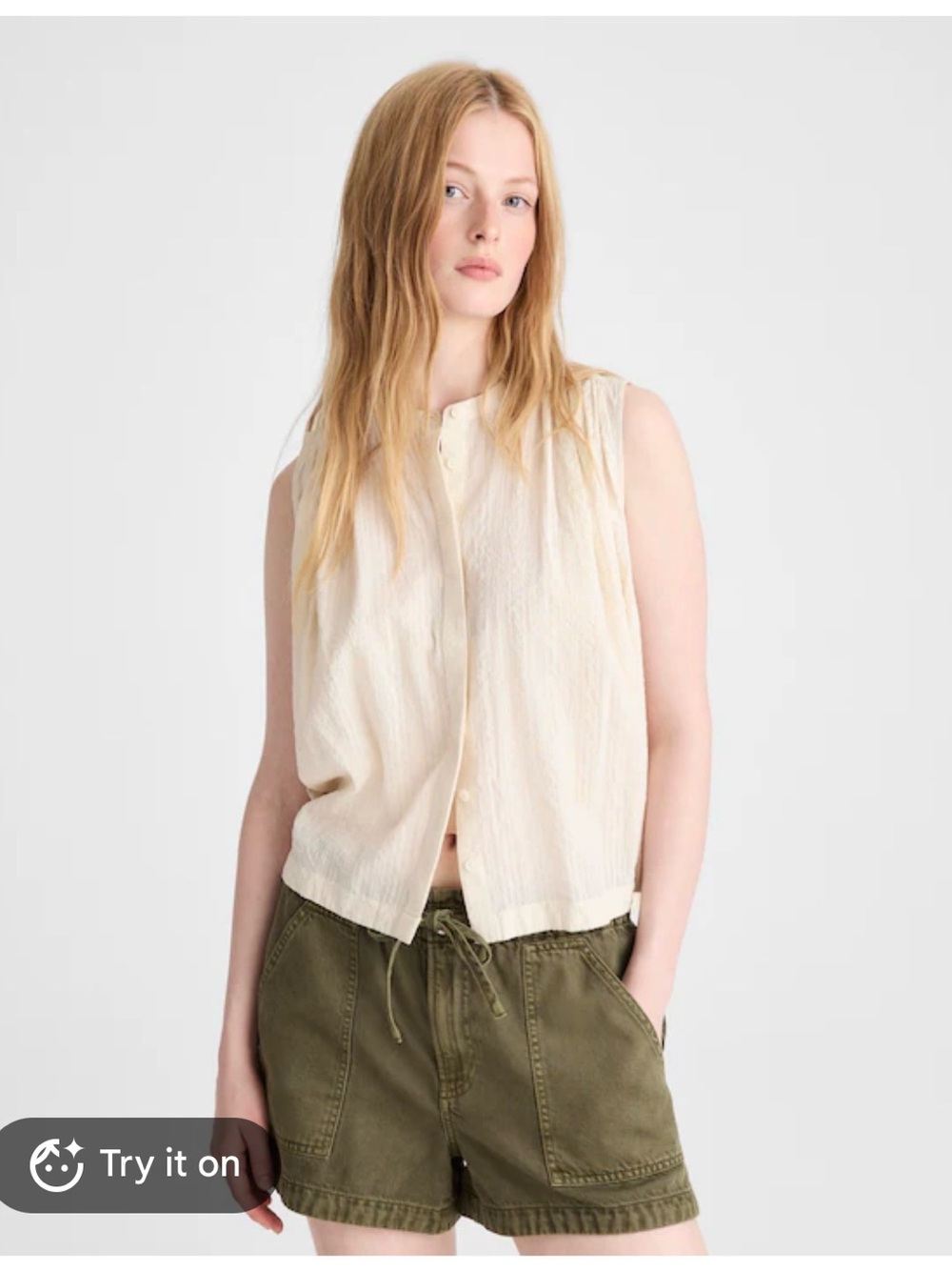 Madewell Shirred Button Up Sleeveless Blouse Top Shirt Natural Seersucker Cotton